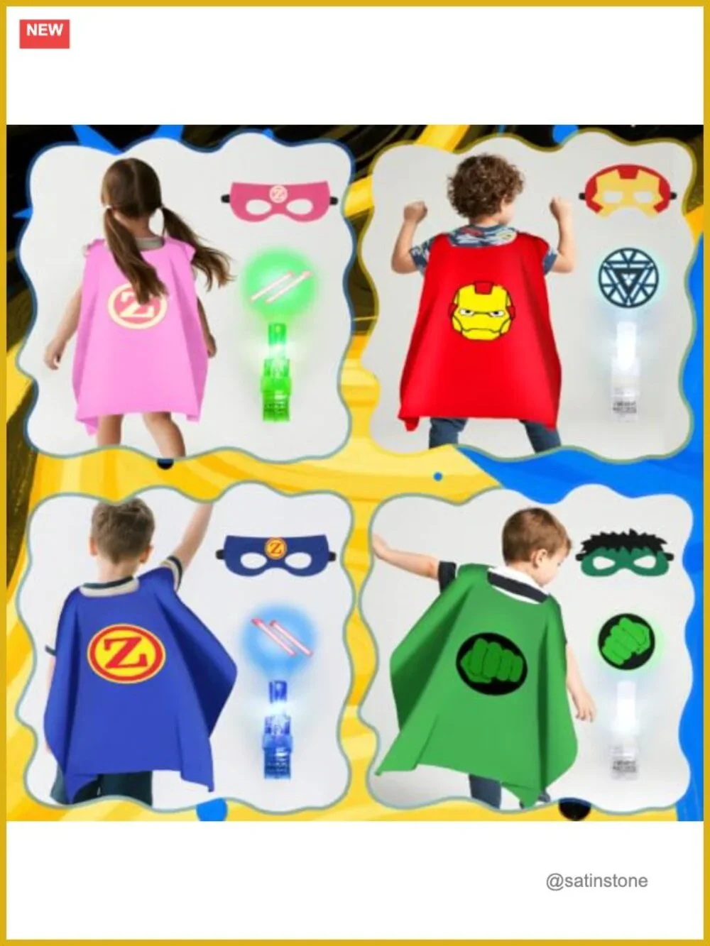 8 Pack Superhero Costume Capes with Masks and LED Finger Lights for Boys Girls